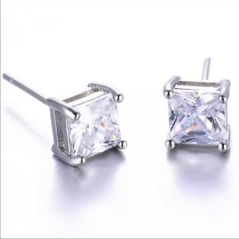 NEW 925 SILVER DIAMOND SQUARE STUD EARRINGS - Picture 2 of 7